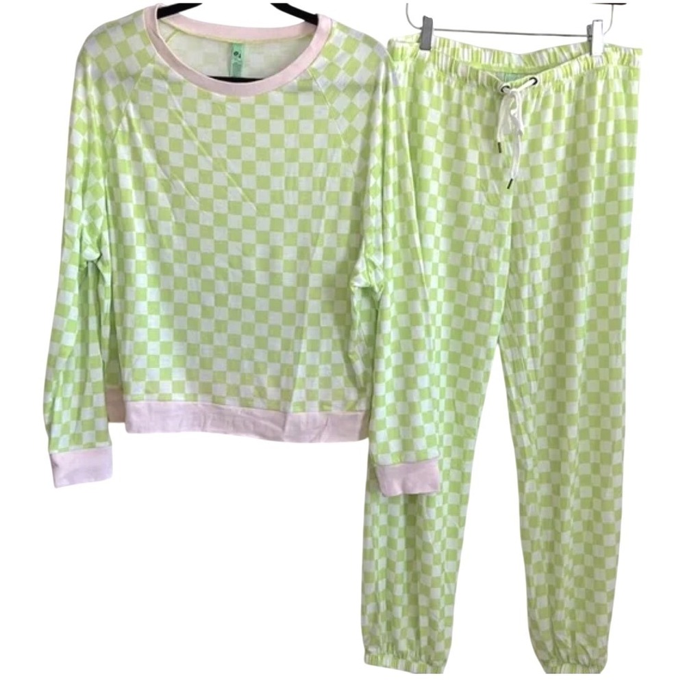 NWT‎ HONEYDEW Star Seeker Lounge Set Iguana Check Long Sleeve Top Pants XS-Neon